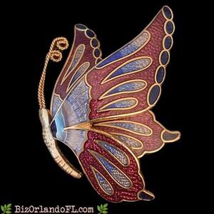 Fish & Crown Cloisonne Enamel Butterfly Brooch – Side Profile, Burgundy & Cobalt